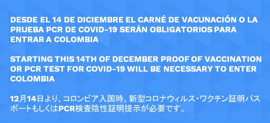 Desde el 14 de diciembre el carné de vacunación o la prueba PCR de covid-19 serán obligatorios para entrar a Colombia